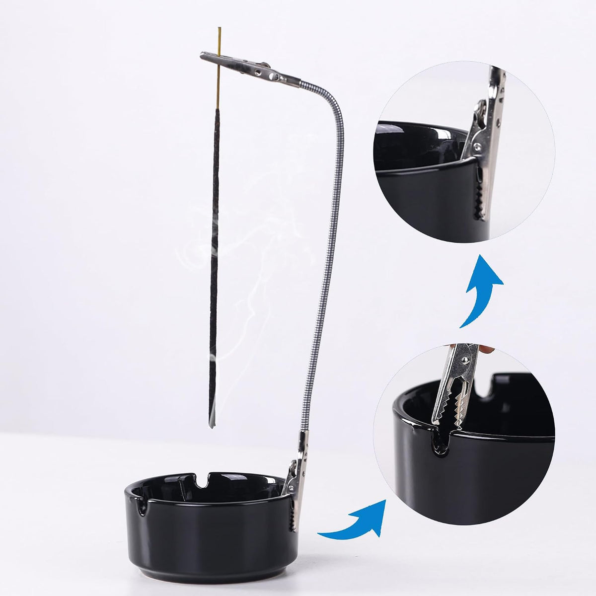 Modern Incense Holder with Flexible Metal Stand, Silver Ash Collector Base, Minimalist Design for Home Meditation and Aromatherapy. (Black + Clip)
