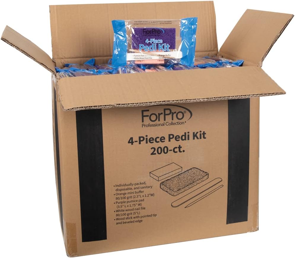 ForPro 4-Piece Pedi Kit, 100-Count, Individually-Packed Pedicure Set, Purple Pumice Pad, White Wood Nail File 80/100 Grit, Orange Mini Buffer 80/100 Grit, Wood Stick