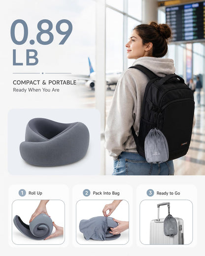 Travel Pillow for Airplane - Memory Foam Neck Travel Pillow with 360° Chin & Neck Support, Dual Raised Sides, Washable Breathable Cover, Compact Travel Bag for Long Flights, Car, Train, Sleeping