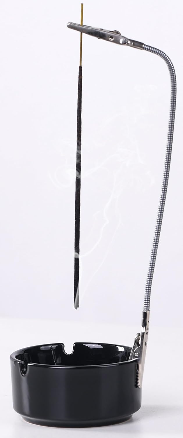 Modern Incense Holder with Flexible Metal Stand, Silver Ash Collector Base, Minimalist Design for Home Meditation and Aromatherapy. (Black + Clip)