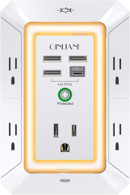 Wall Charger, Surge Protector, QINLIANF 5 Outlet Extender with 4 USB Ports