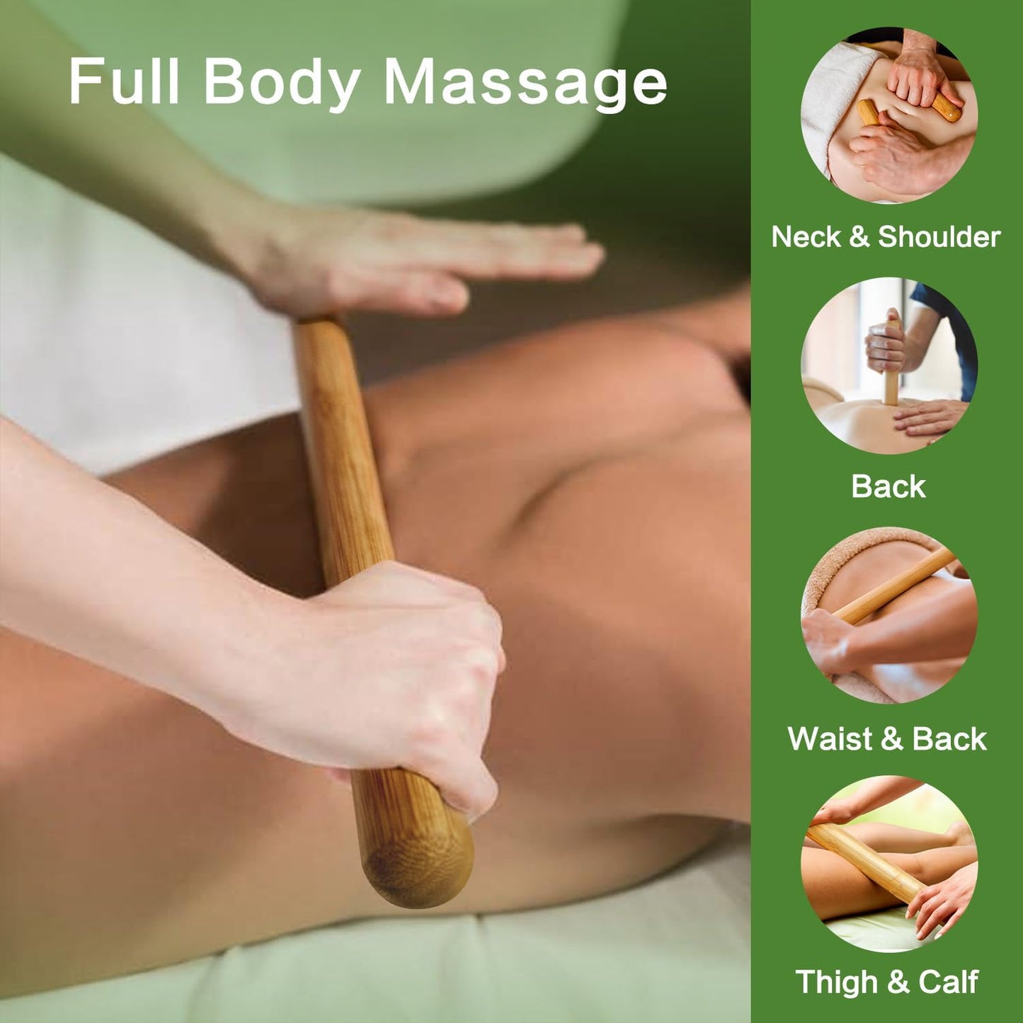 3PCS 100% Natural Solid Bamboo Massage Sticks,GuaSha Bamboo Massage Rollers for Back,Legs,Full Body,Deeply Deep Tissue Massage,Muscle Relax,Body Shaping,Portable Therapy Set(with Storage Bag)