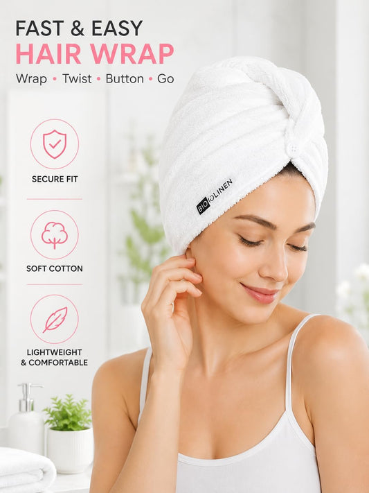BIOLINEN Cotton Hair Towel Wrap for Women 3 Pack, Super Absorbent Quick Dry Hair Turban, Anti Frizz Drying Towel for Curly Long Hair, White 10x25