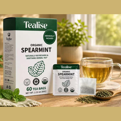 Organic Wellness Herbal tea 60 Servings Plant-Based Tea Bags – Caffeine Free with individual Wrap (Spearmint)