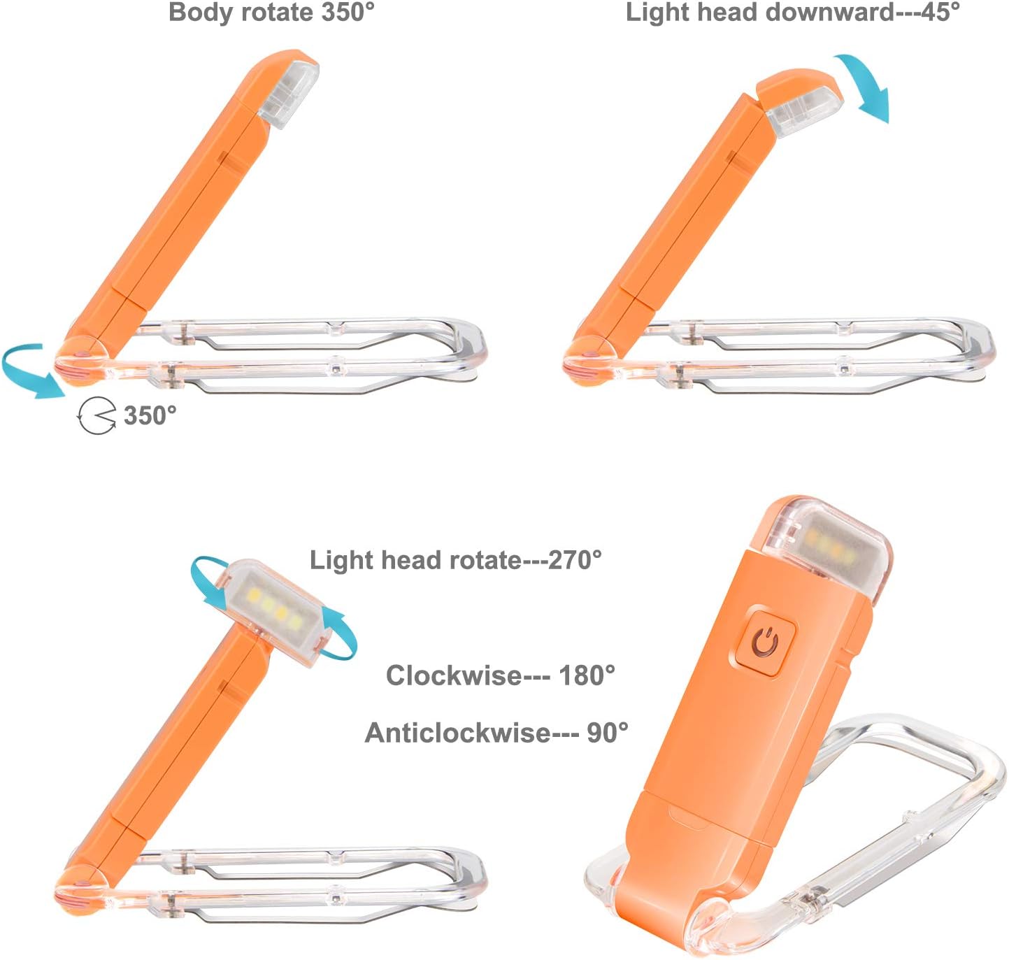 HONWELL Rechargeable Book Light, Clip On LED Reading Lights for Kids Reading in Bed, 3 Brightness Levels Dimmable Bookmark Light for Eye-Protection, Portable Reading Lamp for Bookworms, Travel(Orange)