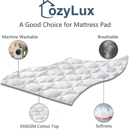 CozyLux Queen Mattress Pad, 450GSM Quilted Cooling Cotton Top Mattress Topper, Extra Deep Pocket Fits 8-21 inches, Oeko-TEX Certified, Plush Soft & Breathable Bed Pad (60"x80", White)