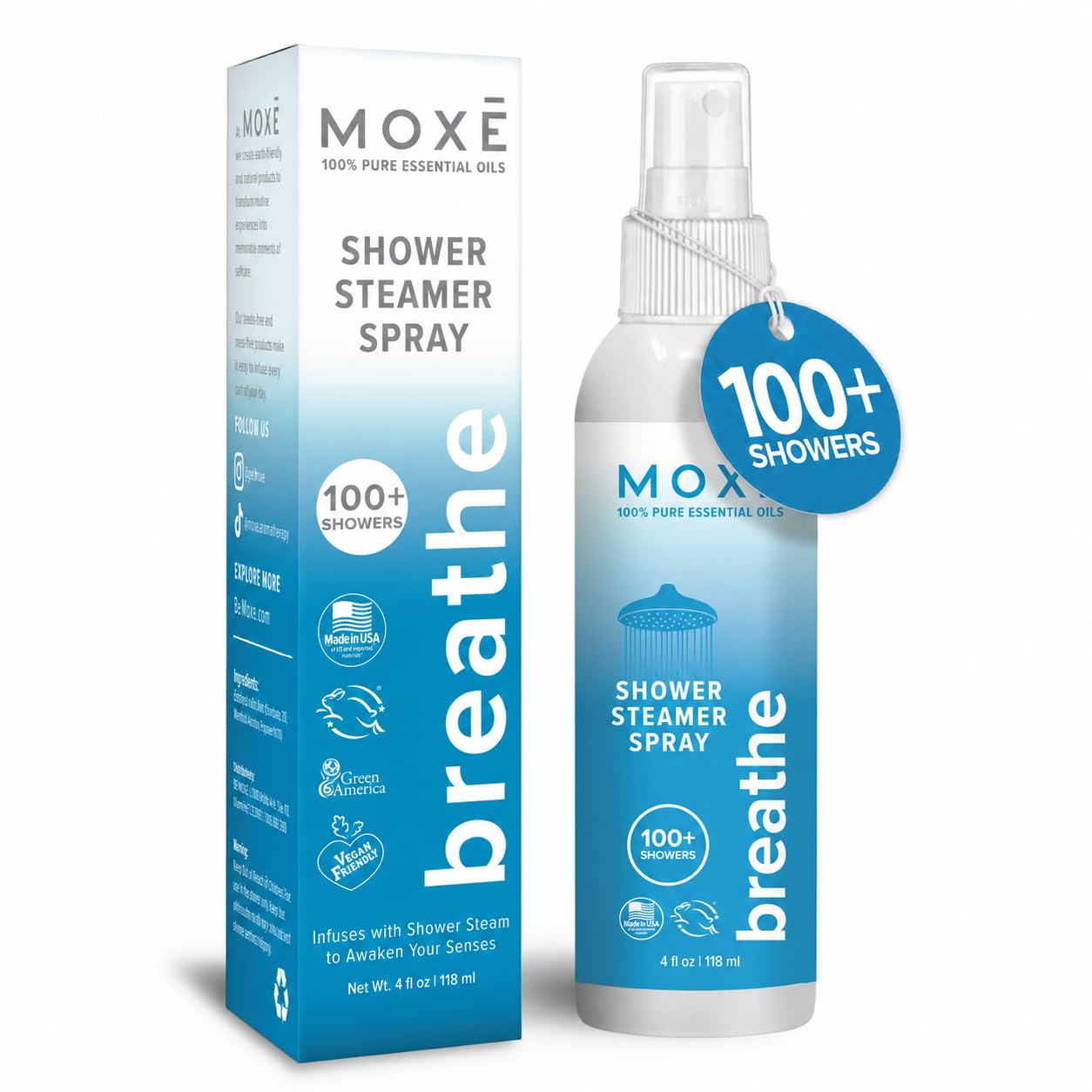 MOXĒ Eucalyptus Oil Shower Mist, Spa Steam Spray, Certified Natural 100% Essential Oils, Made in USA, Aromatherapy, Sinus Congestion Relief, Tension Relief, 4 Ounces