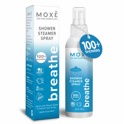 MOXĒ Eucalyptus Oil Shower Mist, Spa Steam Spray, Certified Natural 100% Essential Oils, Made in USA, Aromatherapy, Sinus Congestion Relief, Tension Relief, 4 Ounces