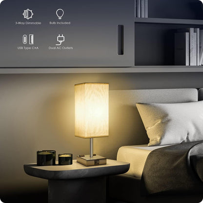 Bedside Table Lamp for Bedroom - Touch Small Lamp with USB C+A Charging Ports & AC Outlets, 3 Way Dimmable Nightstand Light for Living Room (LED Bulb Included, Grey)