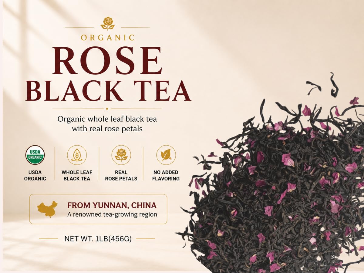 Organic English Breakfast Black Tea – High Mountain Yunnan Whole Leaf Tea – Bold, Smooth & Full-Bodied Morning Tea (1lb Rose Black Tea (pack of 1))