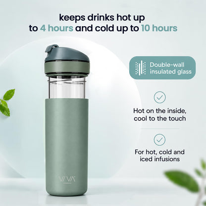 VIVA Recharge Tea Infuser Bottle, 16 oz Insulated Stainless Steel Travel Tea Tumbler with Infuser for Loose Leaf, Hot & Cold Tea & Coffee, Patented Steep Control, Leak-Resistant Lid - Mustard