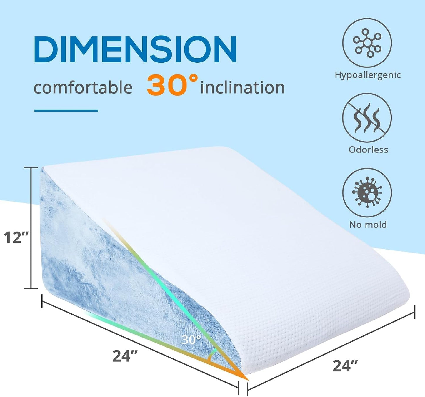 Sasttie Wedge Pillow 24x24x12 inch, Memory Foam Bed Wedge, Cool Grey