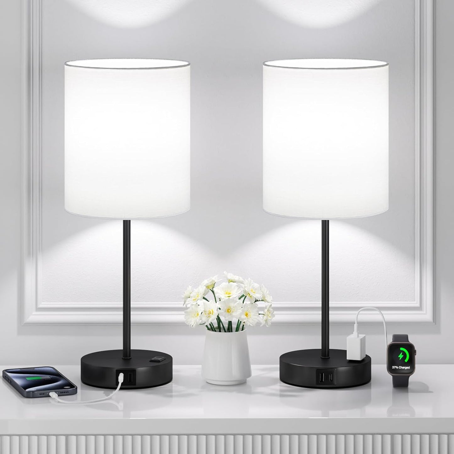 Blue Touch Lamps for Nightstand Set of 2 - Bedside Table Lamp for Bedroom with Dual USB Ports & AC Outlet, 3-Way Dimmable Lamps for Living Room Boys Room, Night Light with 5000K Daylight Bulbs