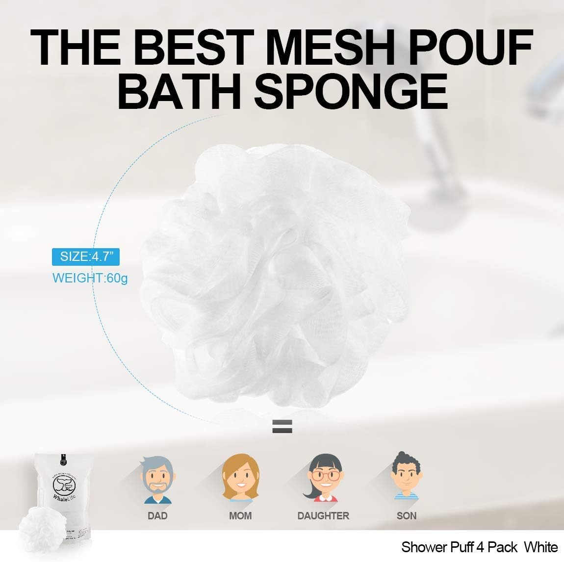 WhaleLife Loofah Bath Sponges - Black Gentle Exfoliating Shower Loofah for Rich Lather, Durable Mesh Body Scrubber for Men & Women 4 Pack