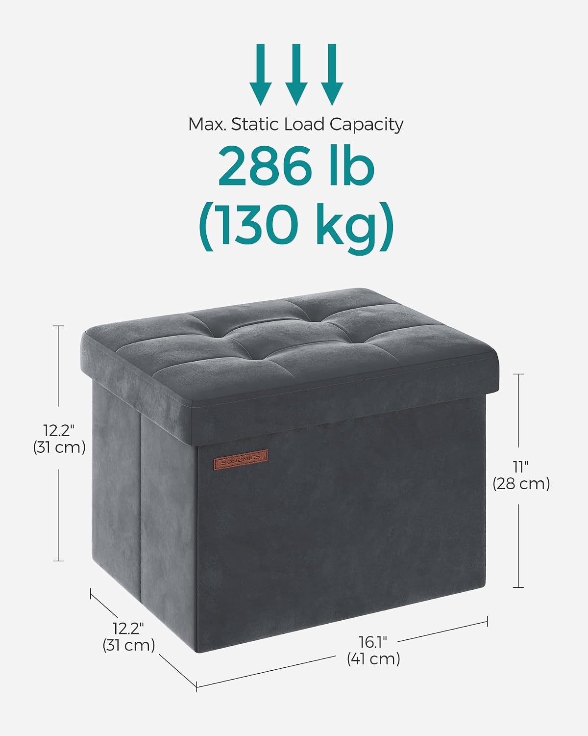 SONGMICS Small Folding Storage Ottoman, Foot Rest Stool, Cube Footrest, Synthetic Leather, 12.2 x 16.1 x 12.2 Inches, 286 lb Capacity, for Living Room, Bedroom, Dorm, Ink Black ULSF100B01