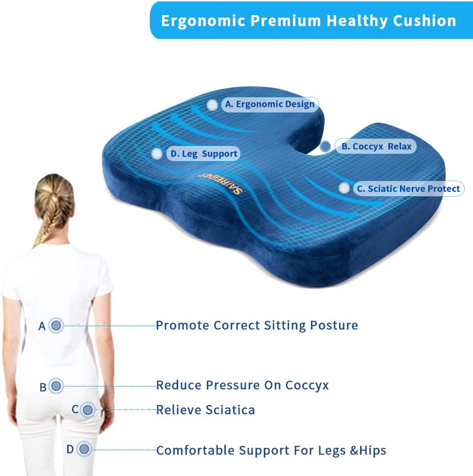 SAIREIDER Seat Cushions for Office Chairs, Memory Foam Coccyx Cushion Pads for Tailbone Pain, Sciatica Relief Pillow, Car Seat Cushion, Correct Sitting Posture (Grey)
