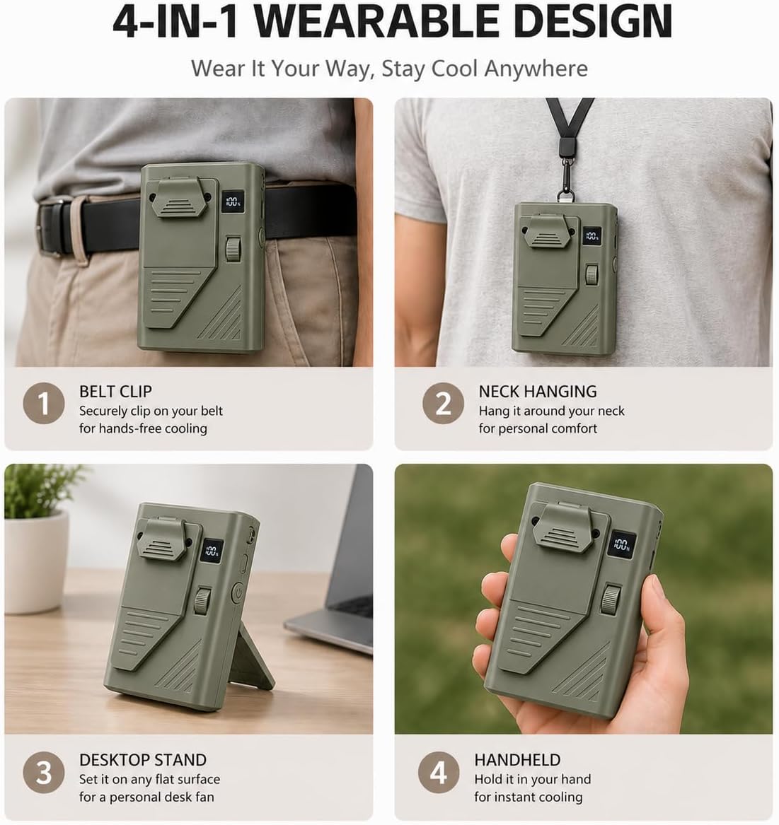Portable Waist Fan, 100 Speed Rechargeable Belt Fan with Clip, Lightweight Personal Fan for Shirt Waist Desk Handheld Outdoor Work Travel （Olive Drab）
