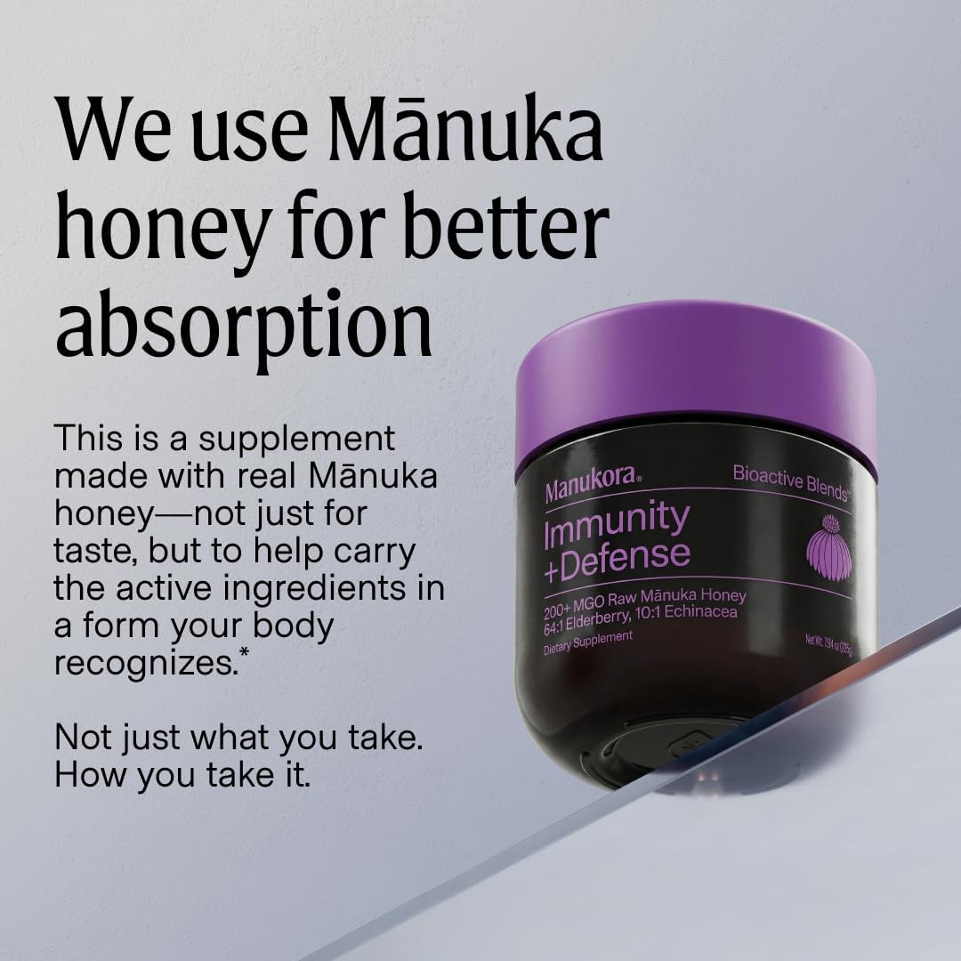 Manukora Immunity + Defense, Elderberry & Echinacea, Raw Manuka Honey, 225g