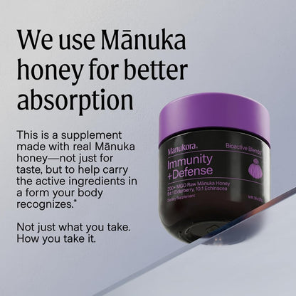 Manukora Immunity + Defense, Elderberry & Echinacea, Raw Manuka Honey, 225g