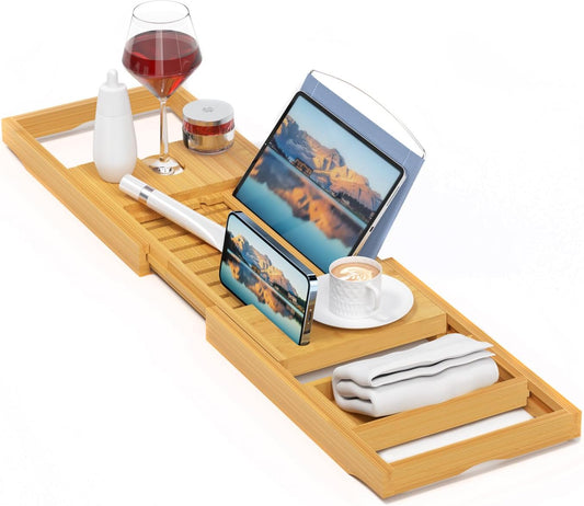 Sen Yi Bao Luxury Bamboo Bathtub Tray - Wooden Expandable Caddy with Book, Tablet, Wine Holder - Gift Idea