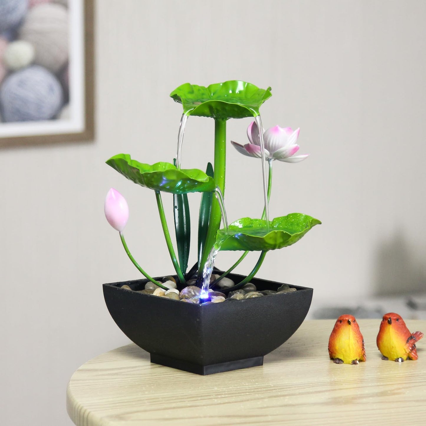 Water Fountain Indoor Waterfall Fountain 3-Tier Tabletop Fountain Lotus Desk Relaxation Home Decor Including Lots of Rocks and Soothing Sound Machine (Green 1)