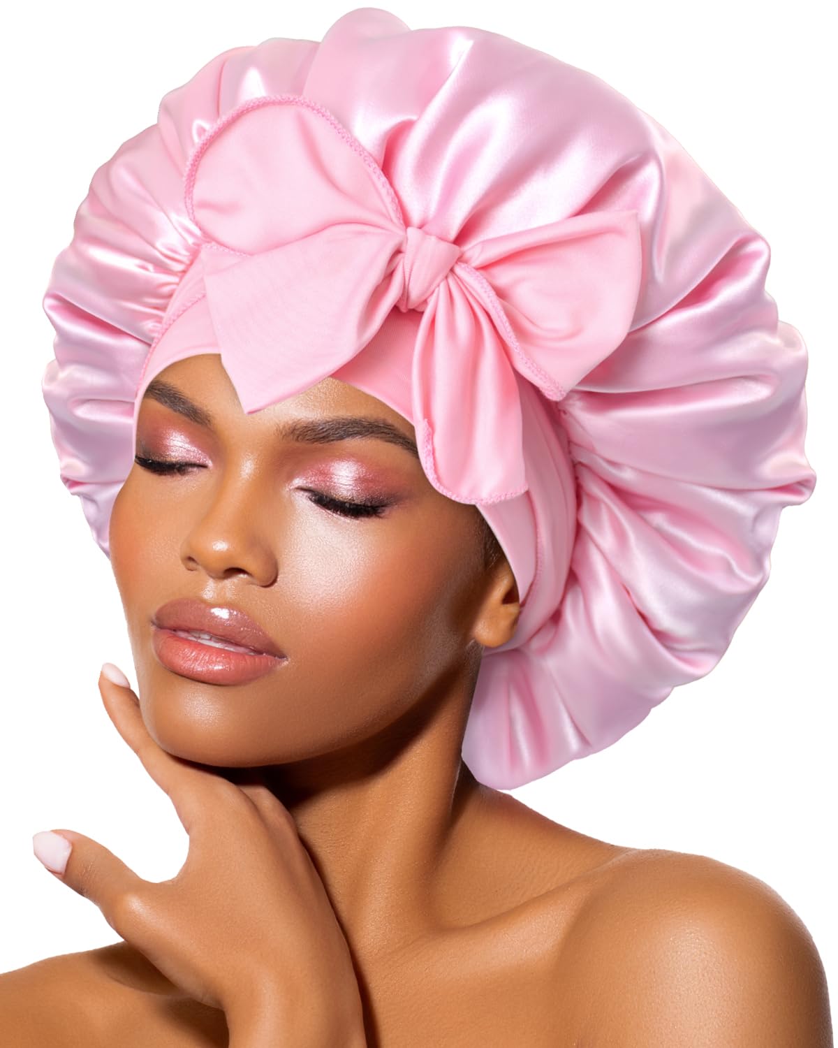 BONNET QUEEN Silk Bonnet for Sleeping for Women Satin Bonnet Night Cap for Curly Hair with Tie Band, Single Layer, Cream Pink