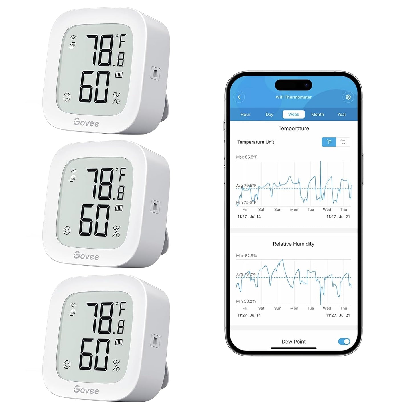 Govee WiFi Thermometer Hygrometer H5103, Indoor Bluetooth Temperature Humidity Sensor with Electronic Ink Display, App Notification Alert, Free Data Storage Export, Digital Remote Monitor for Bedroom