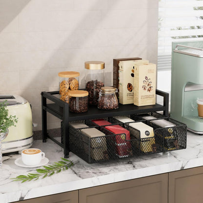 Tea Bag Organizer, Tea Bag Holder with Drawer, Wood and Metal Tea Organizers and Storage Chest for Countertop Kitchen, Office, Rustic Brown