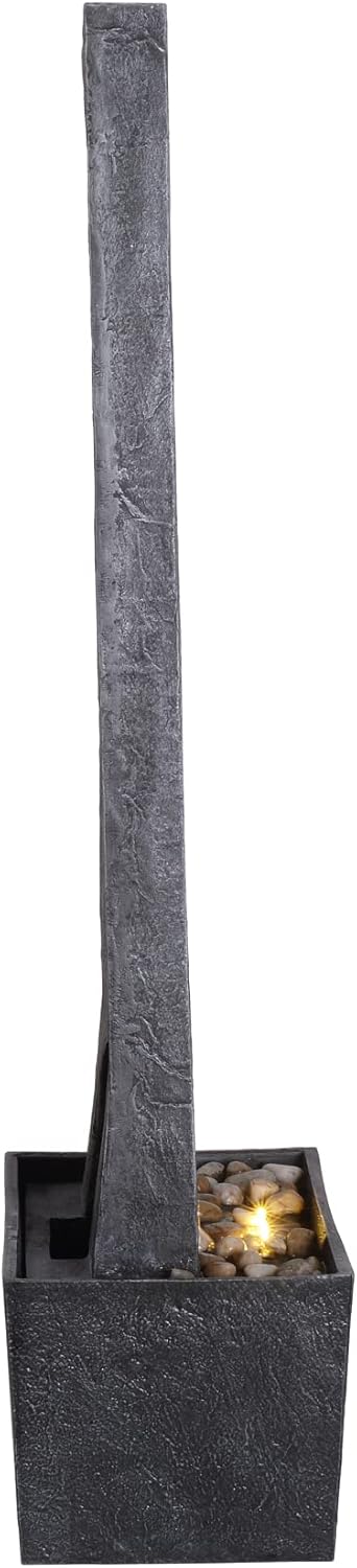 Teamson Home 38.58 in. Modern Curved Faux Slate Waterfall Fountain for Indoors or Outdoors with LED Light Accents and 1.98-Gallon Pump, Black and Stone Gray | Freestanding Floor Garden Waterfall, LED Lights, Weatherproof Polyresin, For Patio & Yard
