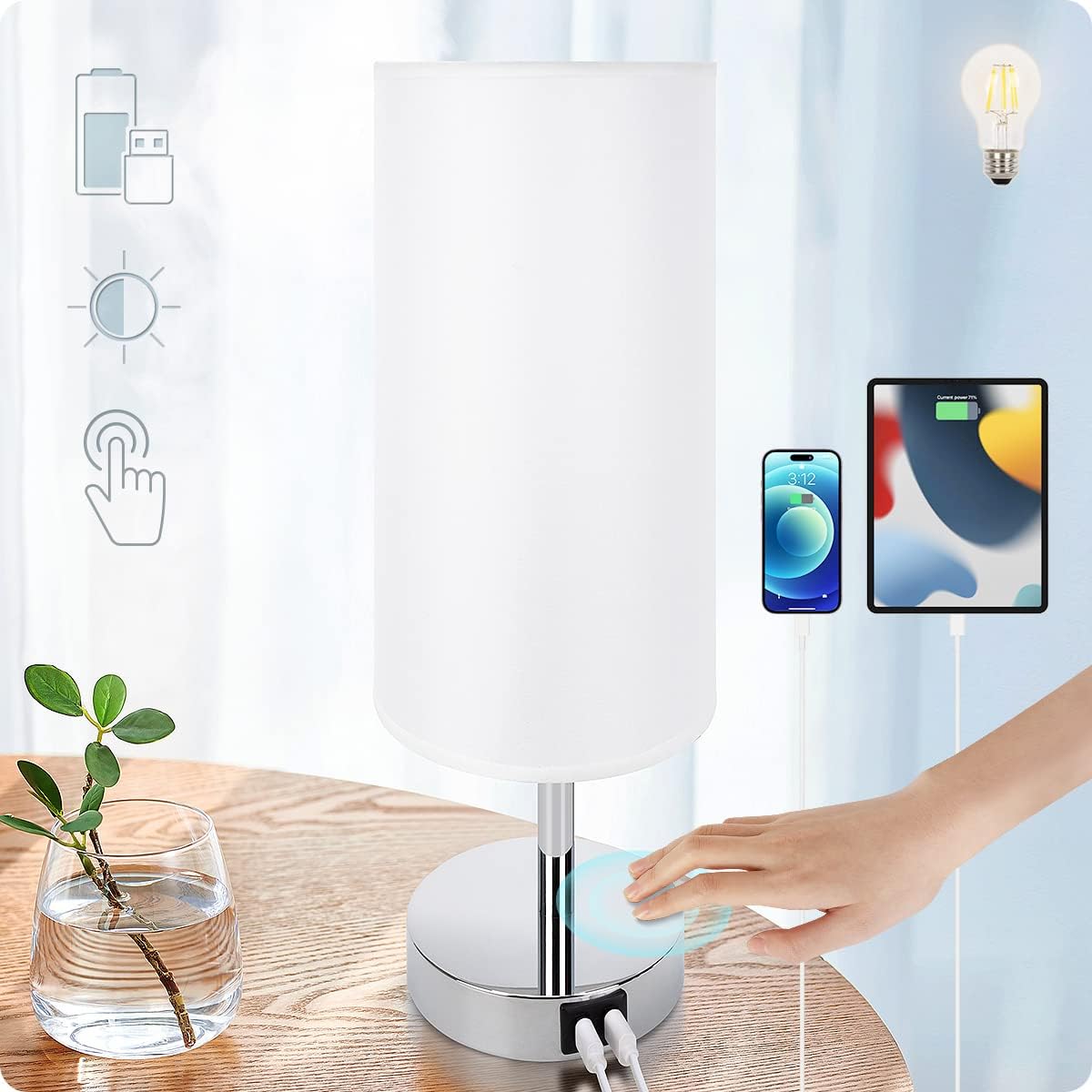 Yarra-Decor Bedside Table Lamp with USB Ports - Touch Control for Bedroom 3 Way Dimmable Nightstand Lamp with Round Fabric Shade for Living Room, Dorm, Home Office, Corded Electric, Without Battery