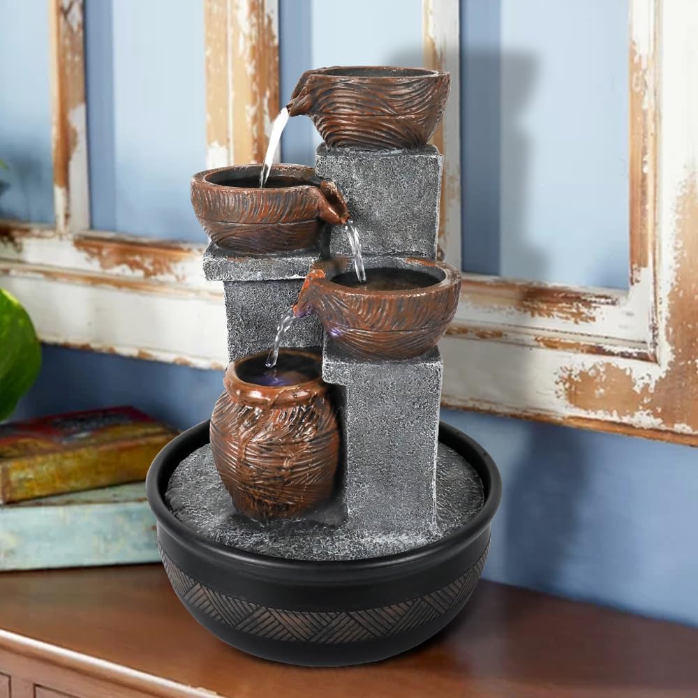 15.7''H Tabletop Water Fountain with LED Lights - Peaceful and Relaxing Water Sound - Small Desktop Waterfall Fountain for Home and Office Decoration