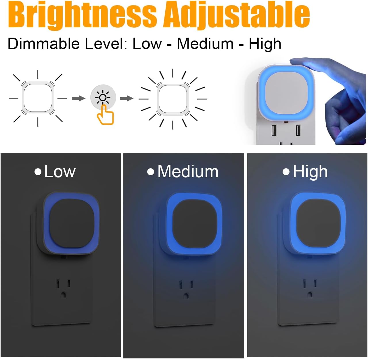 YUNLEX 2 Pack Amber Night Light, Dusk to Dawn Sensor, Warm Glare-Free Reflected Glow, 3-Level Dimmer, Auto On/Off, Plug-in LED Nightlight for Bedroom, Kids, Bathroom, Sleep, Baby Nursery, Toddler
