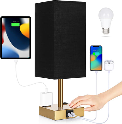 Bedside Table Lamp for Bedroom - Touch Small Lamp with USB C+A Charging Ports & AC Outlets, 3 Way Dimmable Nightstand Light for Living Room (LED Bulb Included, Grey)