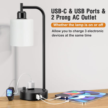Industrial Table Lamps for Bedrooms Set of 2 - Fully Dimmable Bedside Lamps with USB A and C Ports and Outlet, Black Nightstand Lamps with Glass Shade for Living Room, Desk Lamps for Office Reading