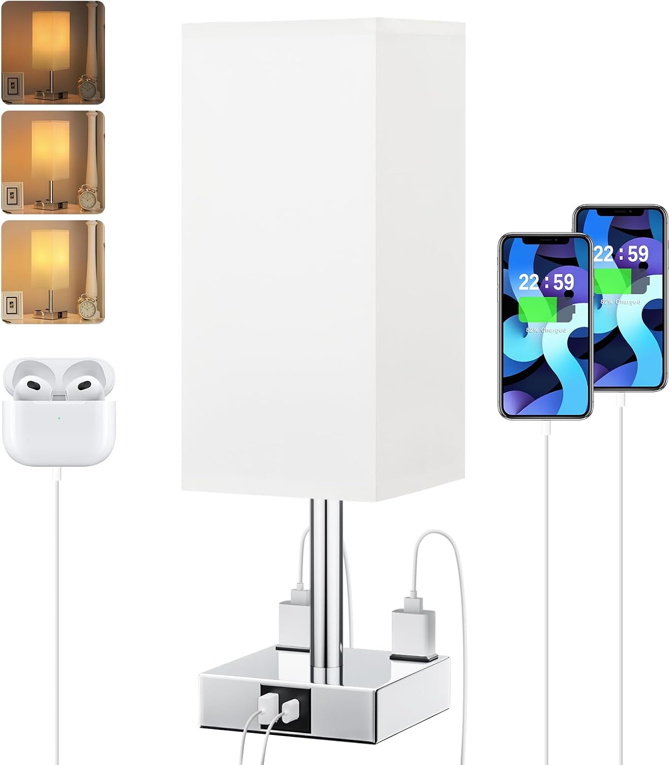 【Upgraded】Bedside Table Lamp Touch Control, with USB C+A Charging Ports & Dual AC Outlets, 3-Way Nightstand Lamp for Bedroom with LampShade Living Room Office(LED Dimmable Bulb Included)