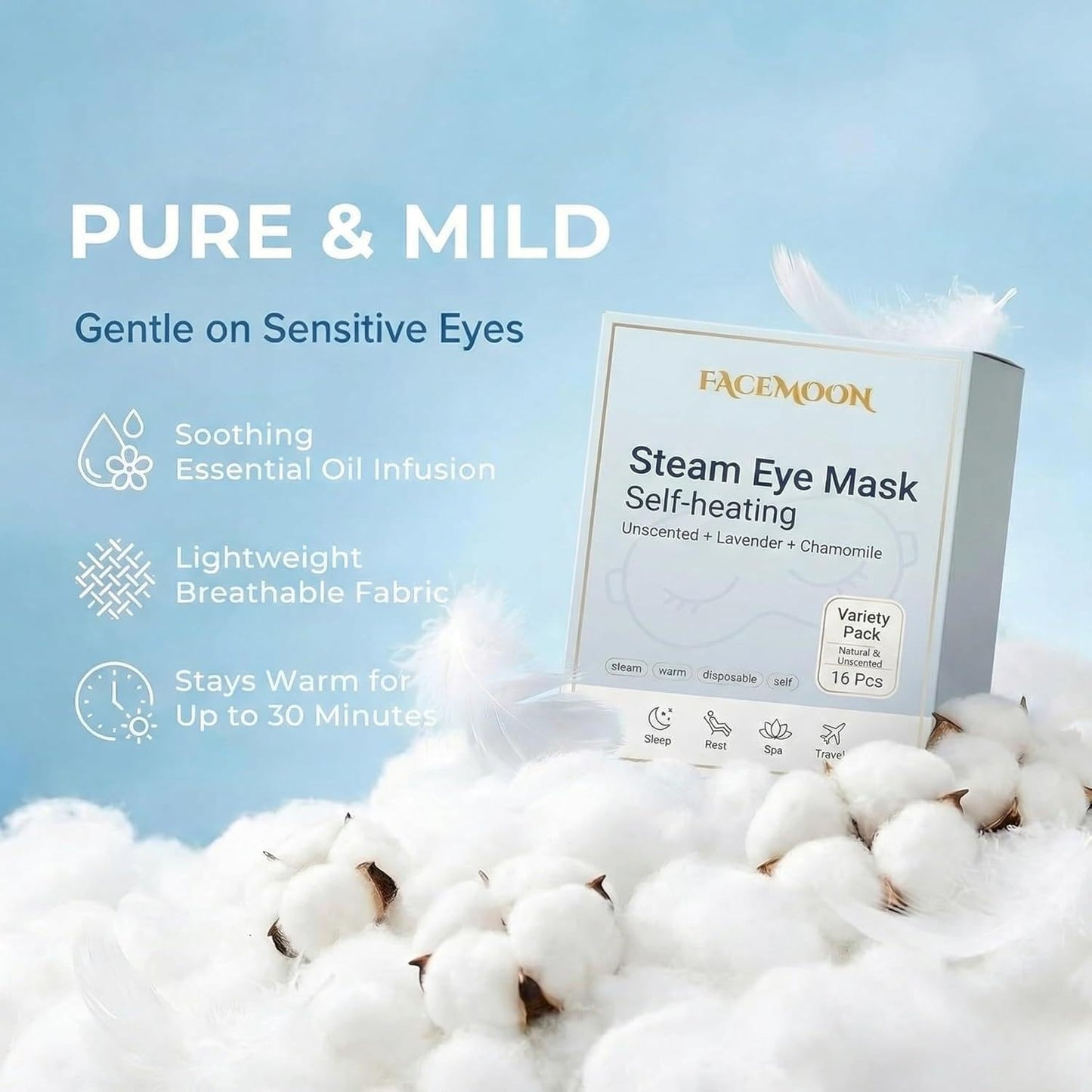FACEMOON 30 Pack Self-Heating Steam Eye Masks for Dry Eyes: Moist Heat Warm Compress for Stye Fast Relief & Digital Eye Strain, Disposable Heated Eye Mask, No Microwave Needed, Unscented Travel Ready