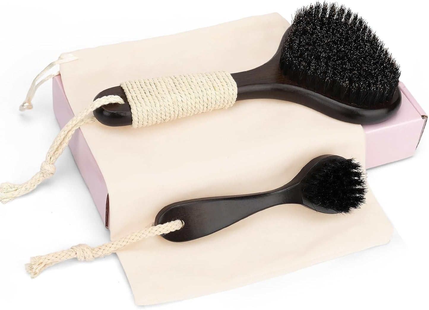 eaxun Bamboo Dry Brushing Set with Body and Face Brush, Dry Scrub Brush with Exfoliating Natural Boar Bristle for Lymphatic Drainage, Cellulite Reduction, Blood Circulation and Glowing Skin, 2 Pack