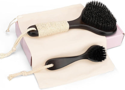 eaxun Bamboo Dry Brushing Set with Body and Face Brush, Dry Scrub Brush with Exfoliating Natural Boar Bristle for Lymphatic Drainage, Cellulite Reduction, Blood Circulation and Glowing Skin, 2 Pack