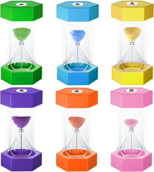 Hourglass Sand Timer for Kids, 1/3/5/10/15/30 Minutes Large Acrylic Unbreakable Visual Sand Clock Set, Colorful Sandglass for Classroom, Games, Office, Kitchen Decor (Pack of 6)