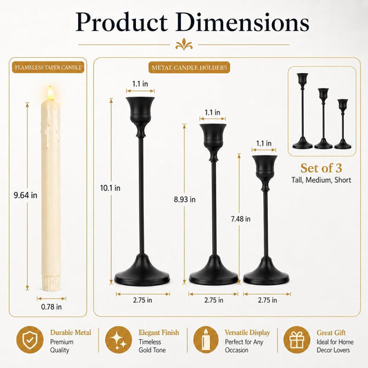 Candle Holder Set of 3, with 3 Flameless Candles & 1 Remote(Gold) | Taper Candle Holders, Metal Non Slip Stable Base, for Home Decor, Holiday Party, Pet & Kid Friendly