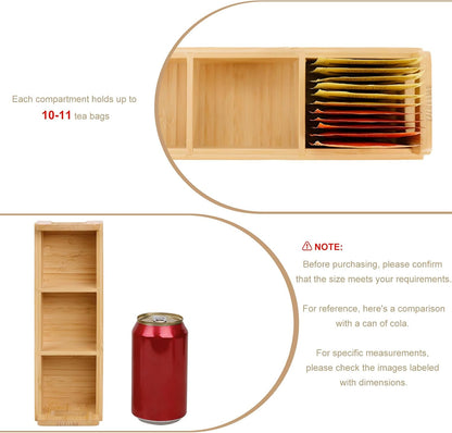 HTB Small Tea Bag Box Wooden, 3 Compartments Acacia Wood Tea Bag Chest with Handle, Mini Countertop Divided Storage Container for Beverage Supplies, Sugar, Sweeteners, Individual Packets
