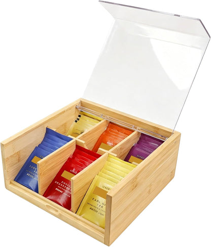 HTB Acacia Wood Tea Bag Organizer Storage Box with 6 Compartments