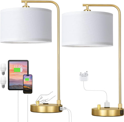 Innqoo Bedside Table Lamps for Bedroom Set of 2-Dimmable Nightstand Lamps with USB Port and Outlet,Modern Gold Lamps with Linen Shade,Tall Desk Lamps for Home Office Bedroom Living Room End Table