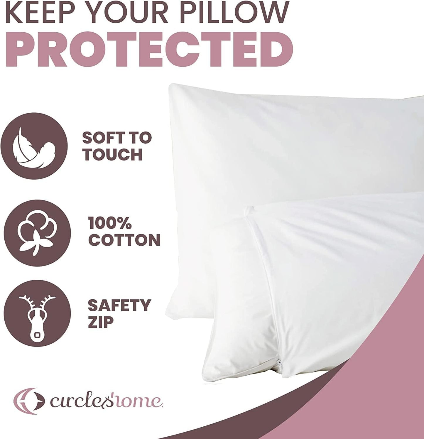 CirclesHome Pillow Protectors 4 Pack Standard Zippered - 100% Cotton Breathable Pillowcases - Protects Pillows from Dirt, Dust and Debri (Standard - Set of 4 - 20x26)