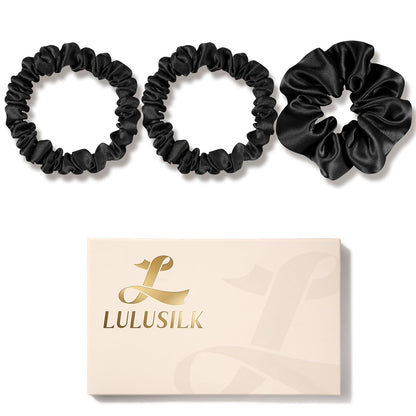 LULUSILK Silk Scrunchies for Hair Sleep, 100% Real Mulberry Silk, No Damage Hair Ties for Women and Girls, Classic Black, Pack of 3