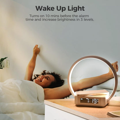 Sunrise Alarm Clock with Wireless Charging Desk Touch Lamp 3 Level Dimmable Wake-up Light Bedside Lamps for Bedroom Living Room,Sunrise Lamp with 10 Natural White Noise Sound 30/60/90 Mins countdown