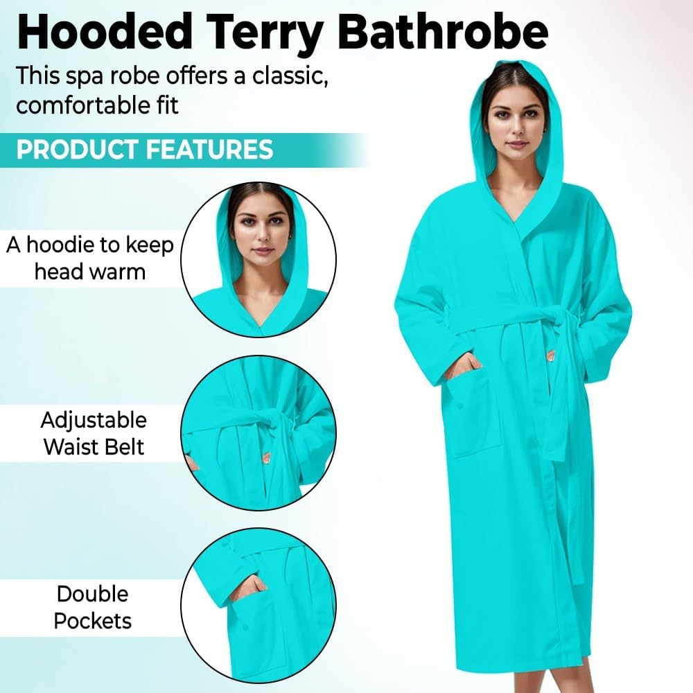 KAHAF COLLECTION Women Hooded 100% Cotton Terry Bathrobe, Soft Absorbent Quick Dry Robe for Spa, Shower & Home Wear
