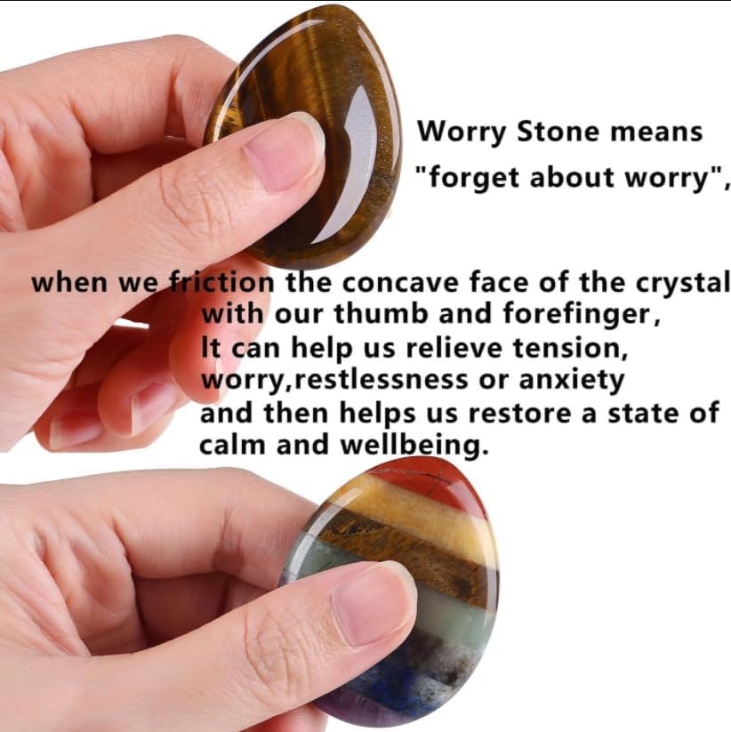 2PCS Worry Stone for Anxiety Tigers Eye Amethyst Healing Crystals Hand Thumb Stones Pocket Gemstones Meditation Accessories Oval Crystal Natural Relax Palm Stone Anxiety Relief Items Stocking Stuffers