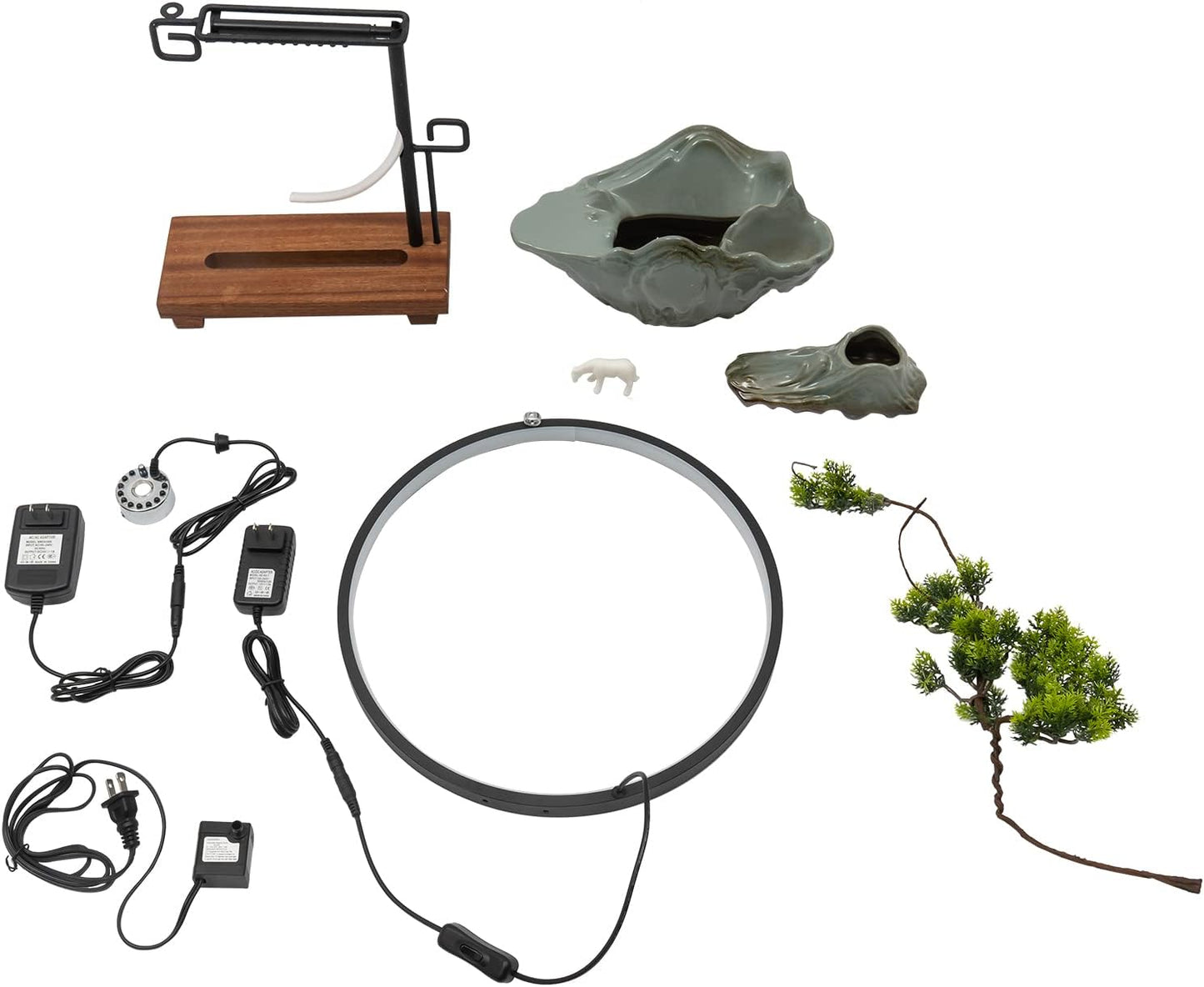 Mini Artificial Bonsai Tree Waterfall Fog Feature Rock Tabletop Fountain | 11in Desktop Decor Waterfall Fountain W/ Water Pump& Atomizer&LED Lights &Fake Tree Office Bedroom Relax