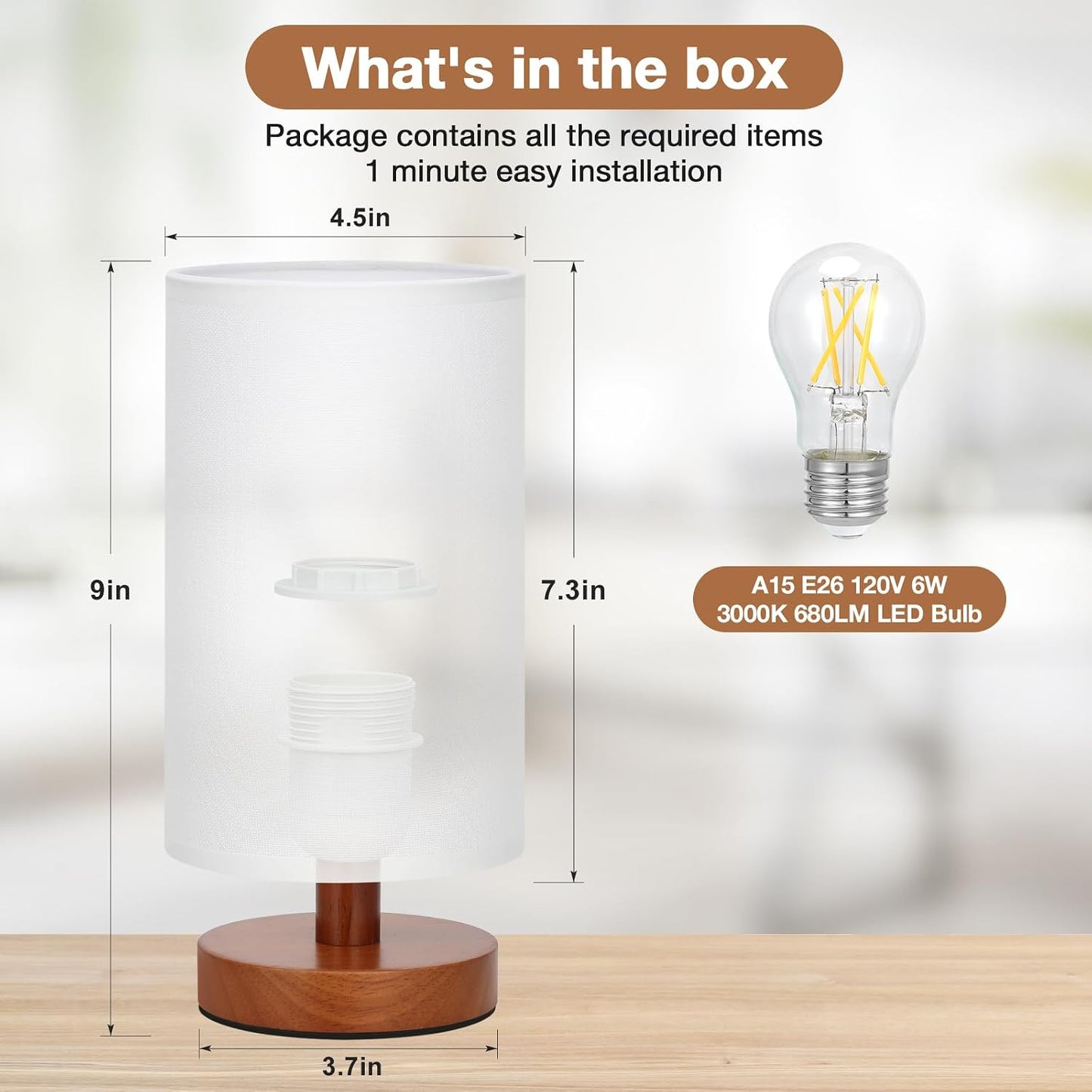 Fenmzee Small Table Lamp for Bedroom - Inline Control, Bedside Lamp with 3000K A15 LED Blub, Easy Assembly (Cream Shade - Wood Base, 9" Inline Control)